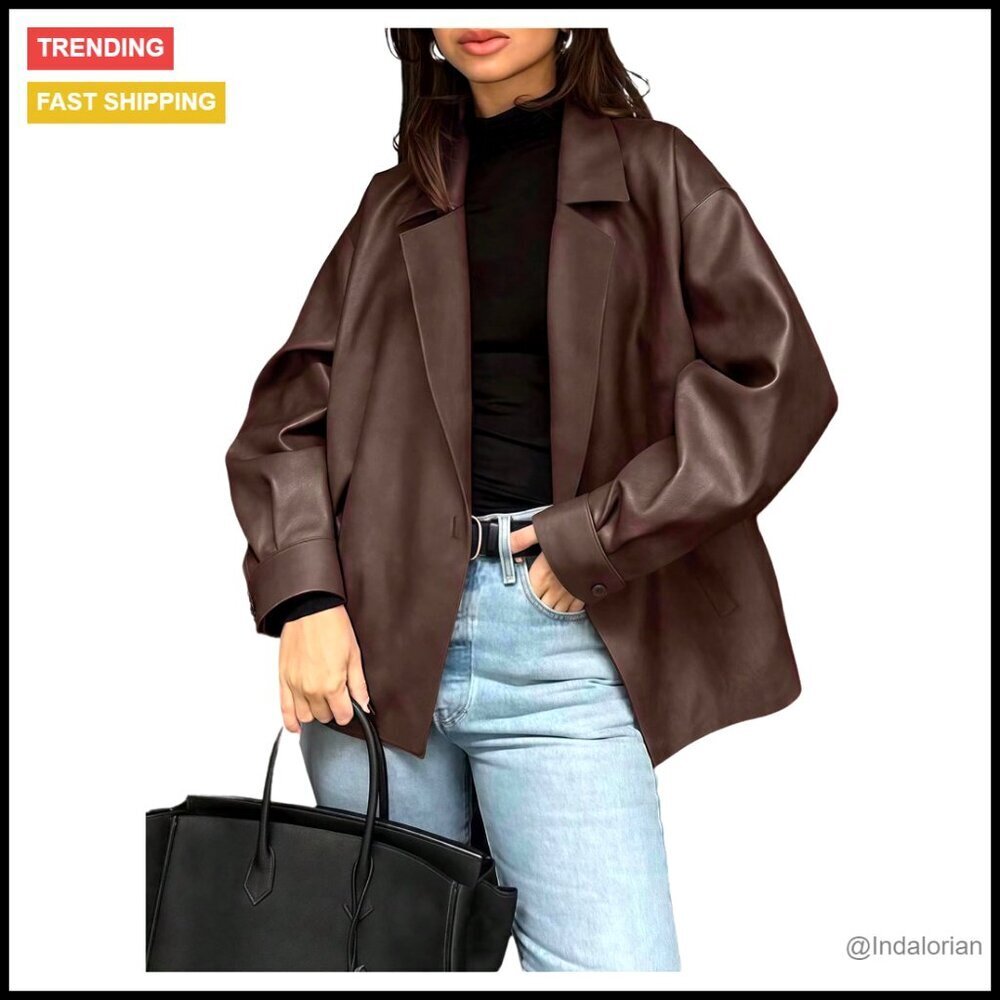 Faux Leather Blazer Oversized Lapel Collar Open Front Business Chic Jacket
